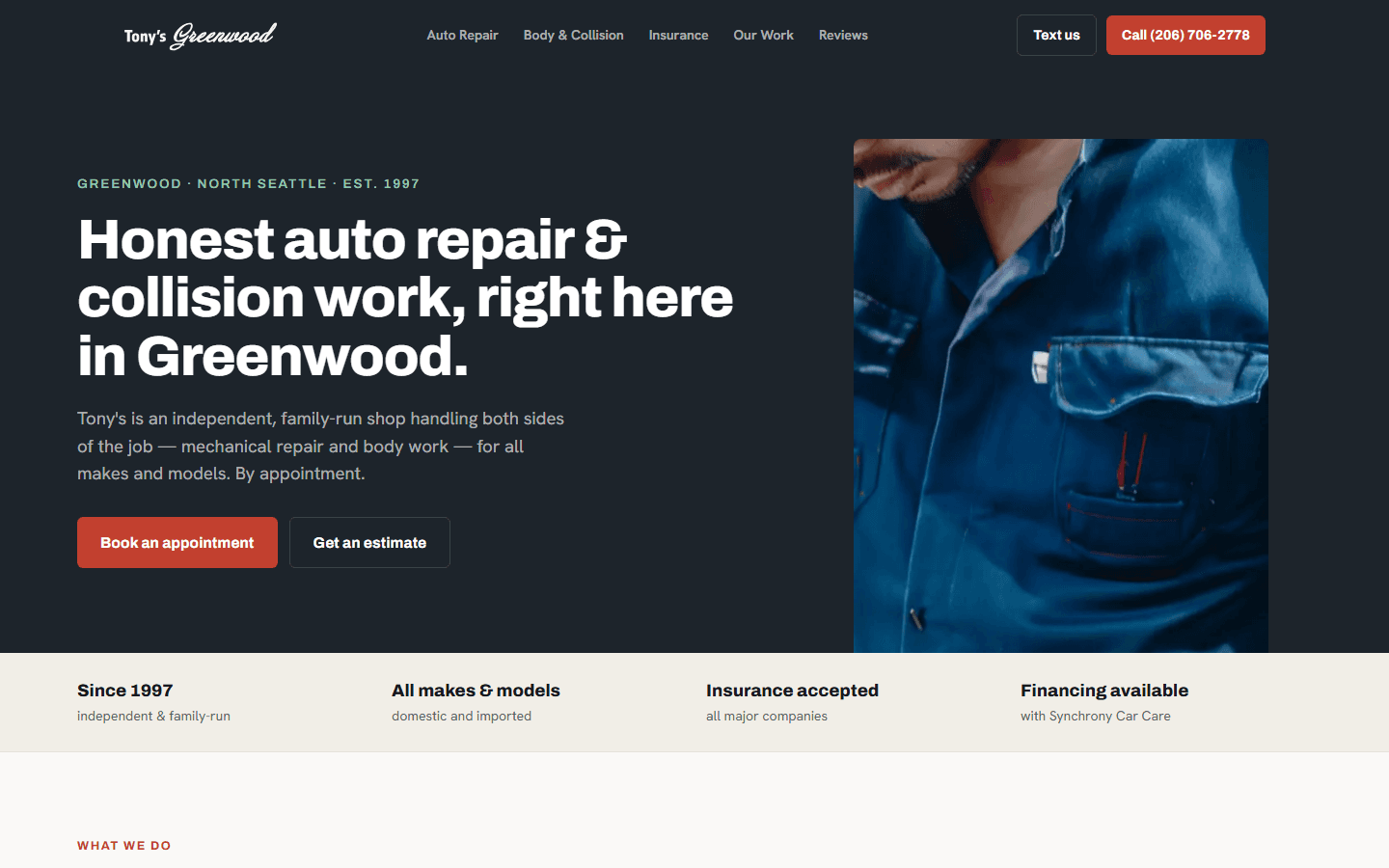 The Tony's Greenwood Auto Body homepage we designed and built, live in production